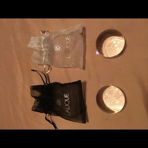Two Lalique engraved crystal paperweights w pouch